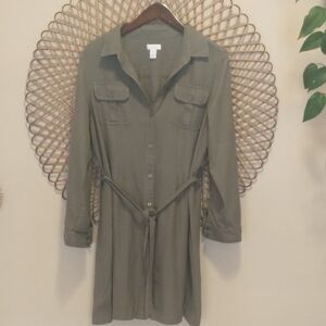 Chicos Army Green Shirt Dress Long Sleeve Size 2